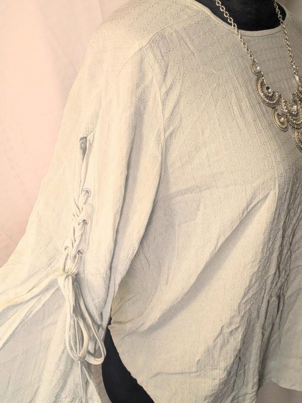 Women's Light Cream Lace-Up Sleeve Textured Top